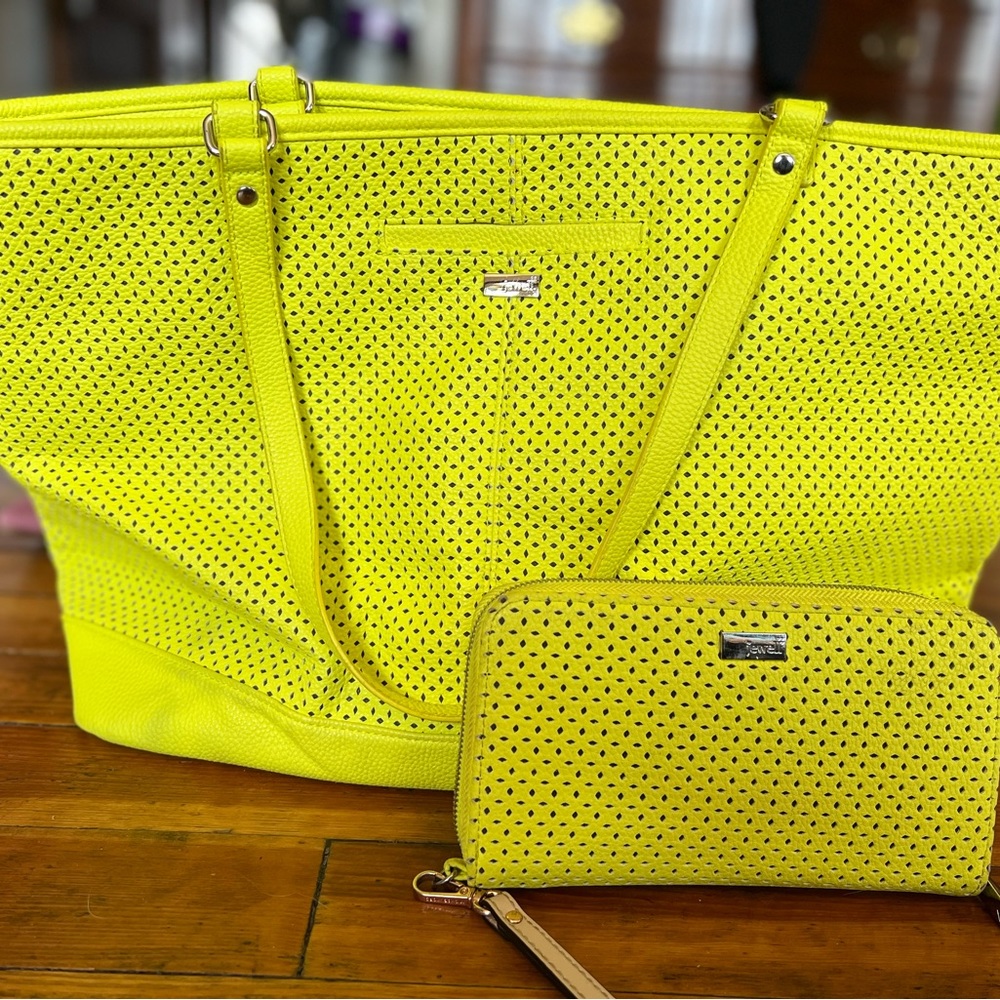Neon Yellow Vegan Leather Tote and matching wallet